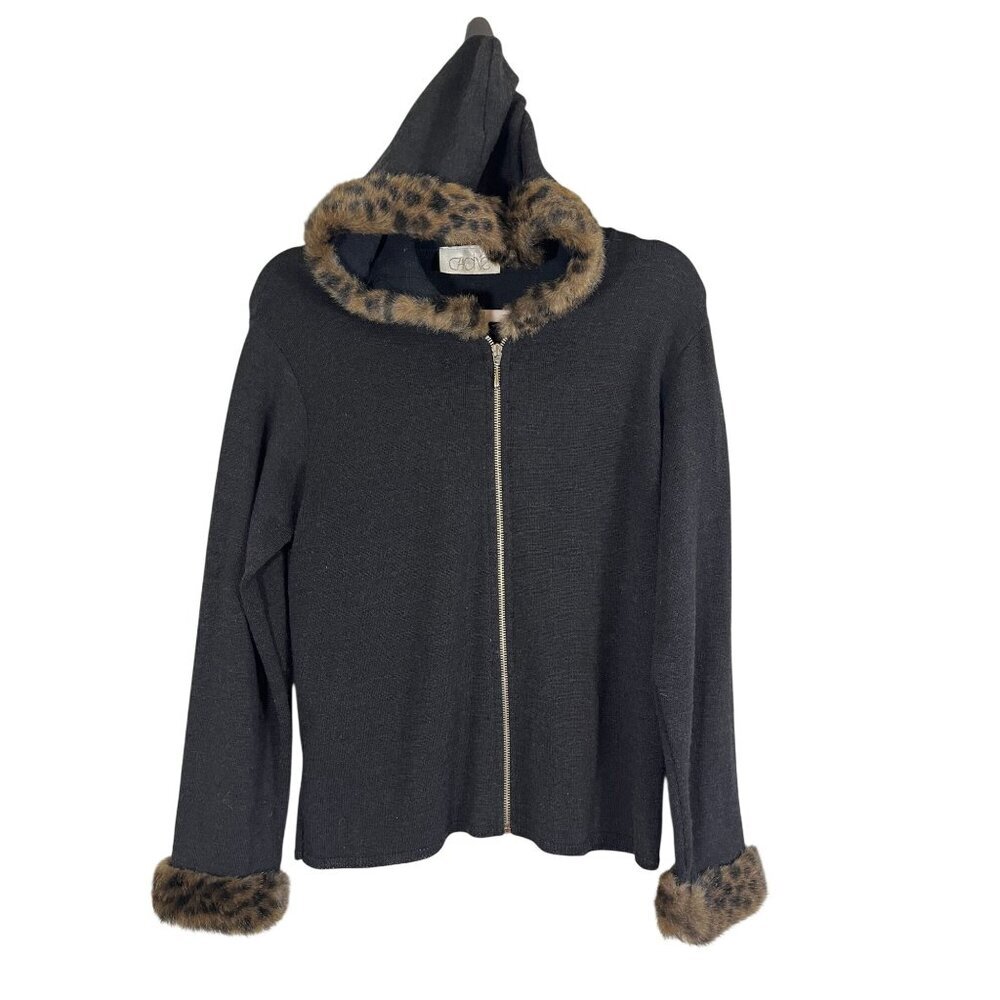 Vintage Faux Fur Hood Sweater Black L Mob Wife Retro Cheetah Animal Print